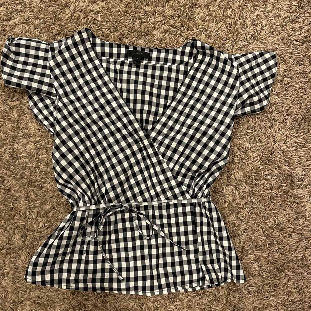 J. Crew Black and White Checkered Wrap Blouse